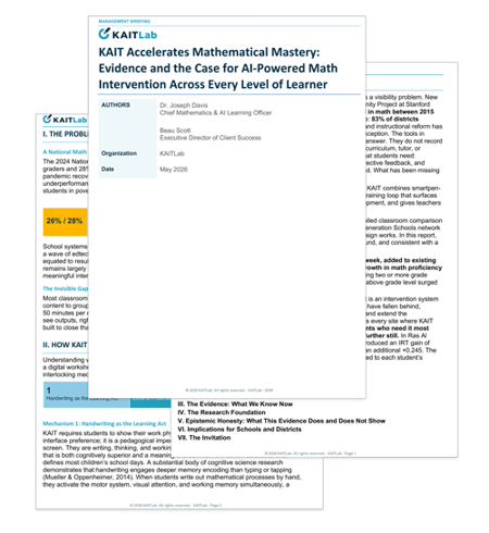 KAITLab management briefing cover titled “KAIT Accelerates Mathematical Mastery,” featuring evidence for AI-powered math intervention and supporting report pages in the background.