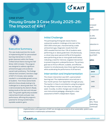 Cover page of a KAIT case study titled “Poway Grade 3 Case Study 2025–26: The Impact of KAIT,” featuring an executive summary and program overview. Cover page of a KAIT case study titled “Poway Grade 3 Case Study 2025–26: The Impact of KAIT,” featuring an executive summary and program overview.
