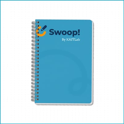 “Swoop!” spiral notebook by KAIT Lab with a blue cover and abstract curved design.
