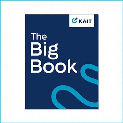 Cover of “The Big Book” by KAIT, featuring bold white text on a dark blue background with a teal abstract line design.