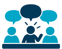 Icon in KAITLab navy blue and real of three people with chat bubbles above their heads. Icon in KAITLab navy blue and real of three people with chat bubbles above their heads.