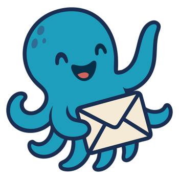 Smiling cartoon octopus holding an envelope.