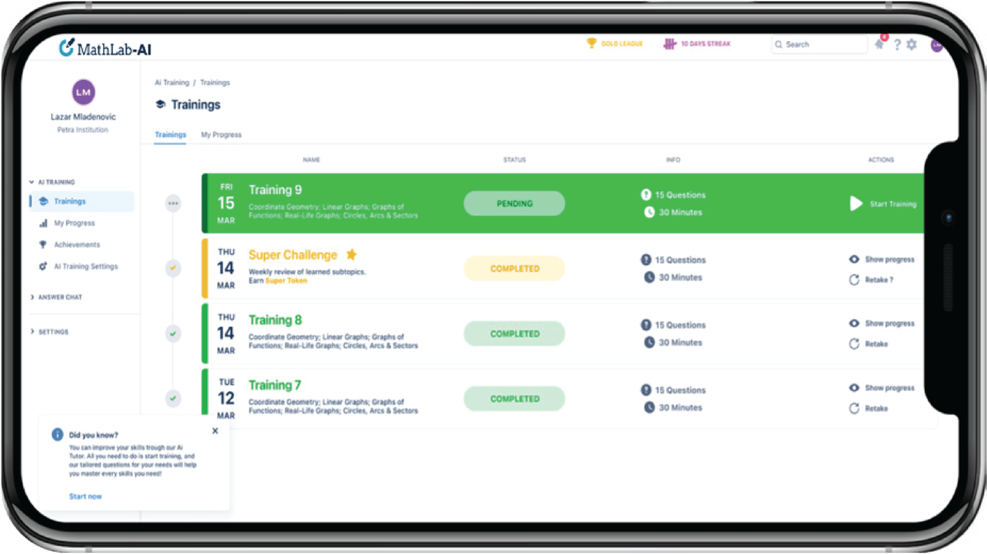 MathLab-AI training dashboard showing a list of math lessons with progress status, completion badges, and lesson details. MathLab-AI training dashboard showing a list of math lessons with progress status, completion badges, and lesson details.