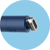 Close-up of a blue USB-C device with a metallic connector tip, shown against a light blue circular background.