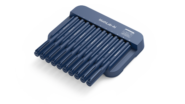 Angled view of a MathLab-AI branded blue charging dock holding multiple matching blue electronic devices arranged in parallel slots.