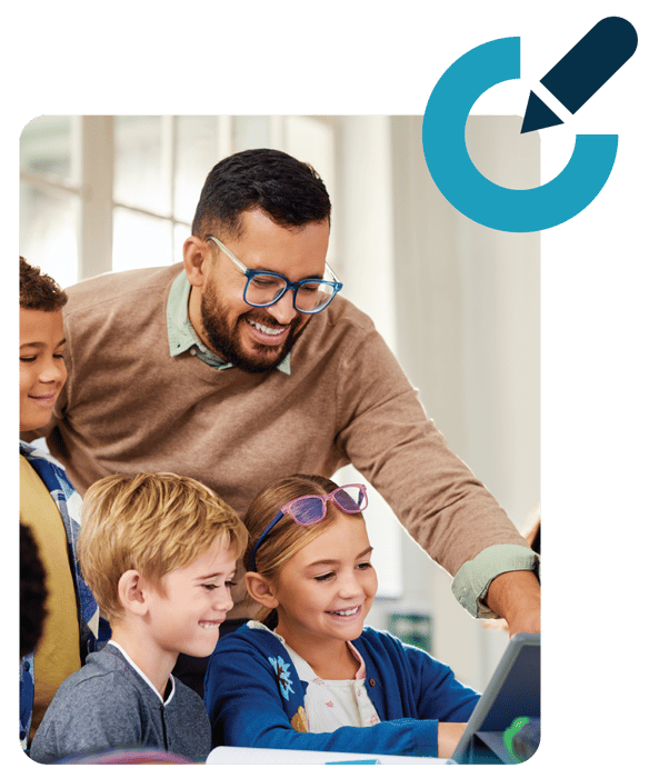 Teacher helping young students use a tablet in a classroom Teacher helping young students use a tablet in a classroom