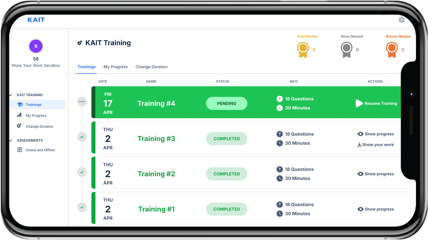 KAIT Training dashboard displayed on a tablet, showing training sessions, progress status, duration, and achievement badges.