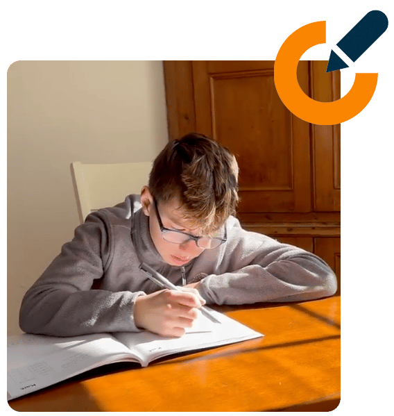 Student wearing glasses writes in a workbook at a desk, focused on solving a problem, with a Swoop! math icon in the corner.