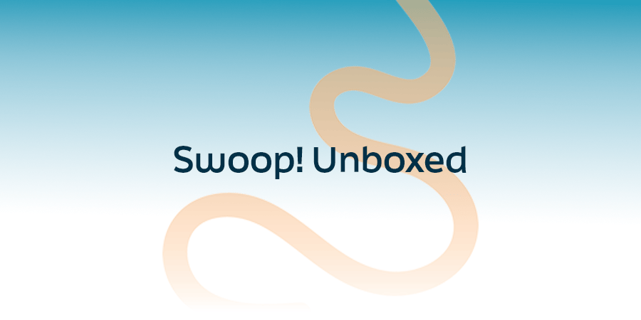 Swoop! Unboxed title graphic with abstract curved design on a blue gradient background.