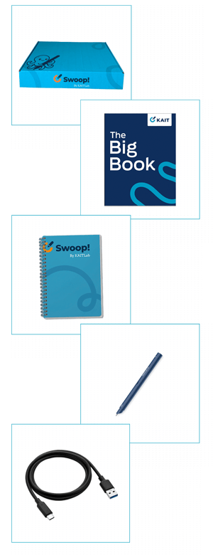 Collection of KAITLab kit components including Swoop! box, The Big Book, Swoop! notebook, smartpen, and USB charging cable.