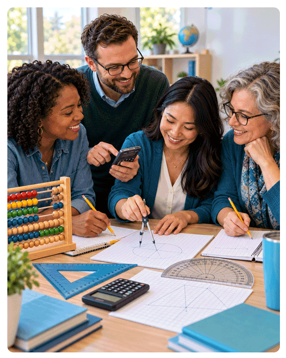A diverse group of teachers at a table using math tools A diverse group of teachers at a table using math tools