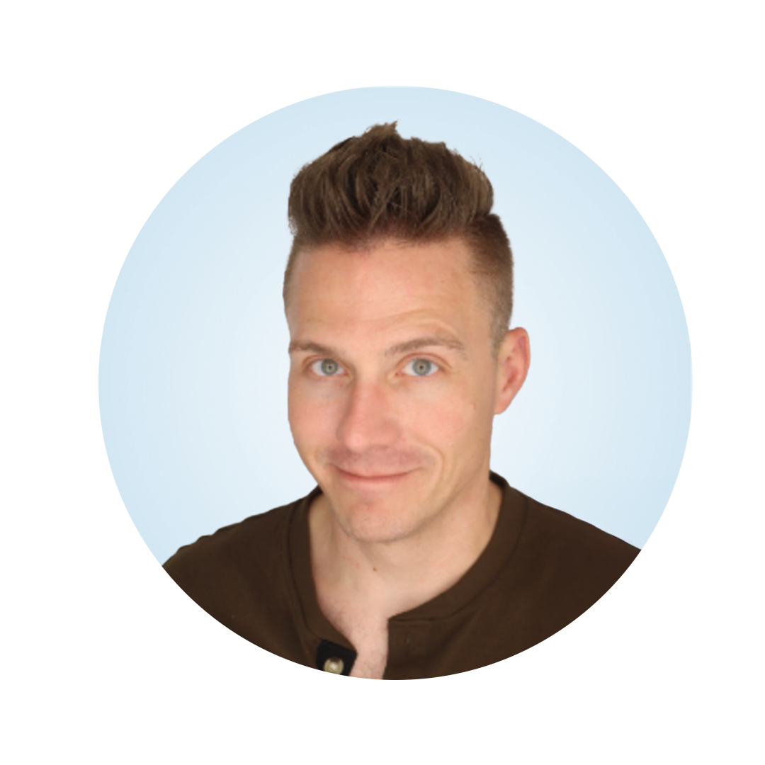Head-and-shoulders portrait of a man with short styled light brown hair and blue eyes, wearing a brown shirt, against a light blue circular background.