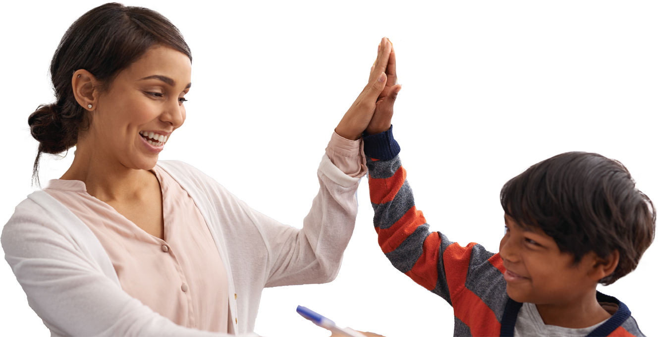 Teacher and young student smiling and giving a high five, celebrating a learning success together.