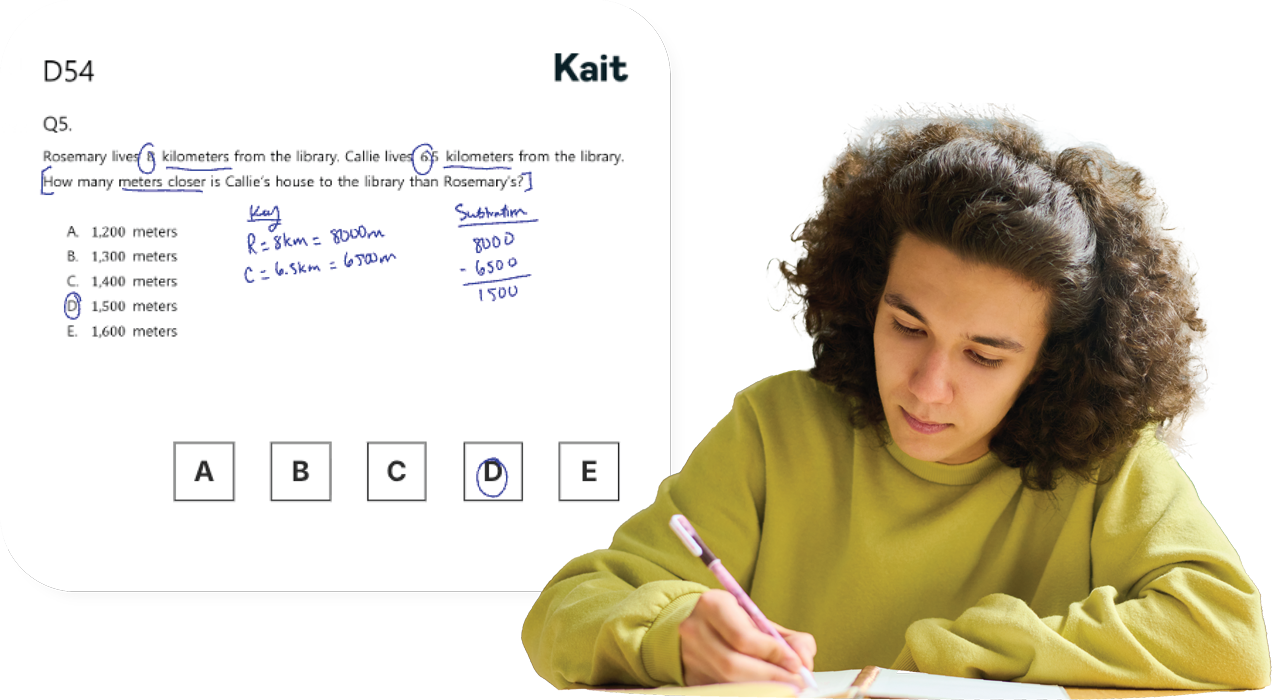 Student writes in a notebook while reviewing a digital math assessment question that shows a word problem, handwritten calculations, and a selected multiple-choice answer.