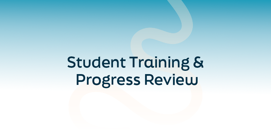 Student Training & Progress Review title graphic with abstract curved design on a blue gradient background.