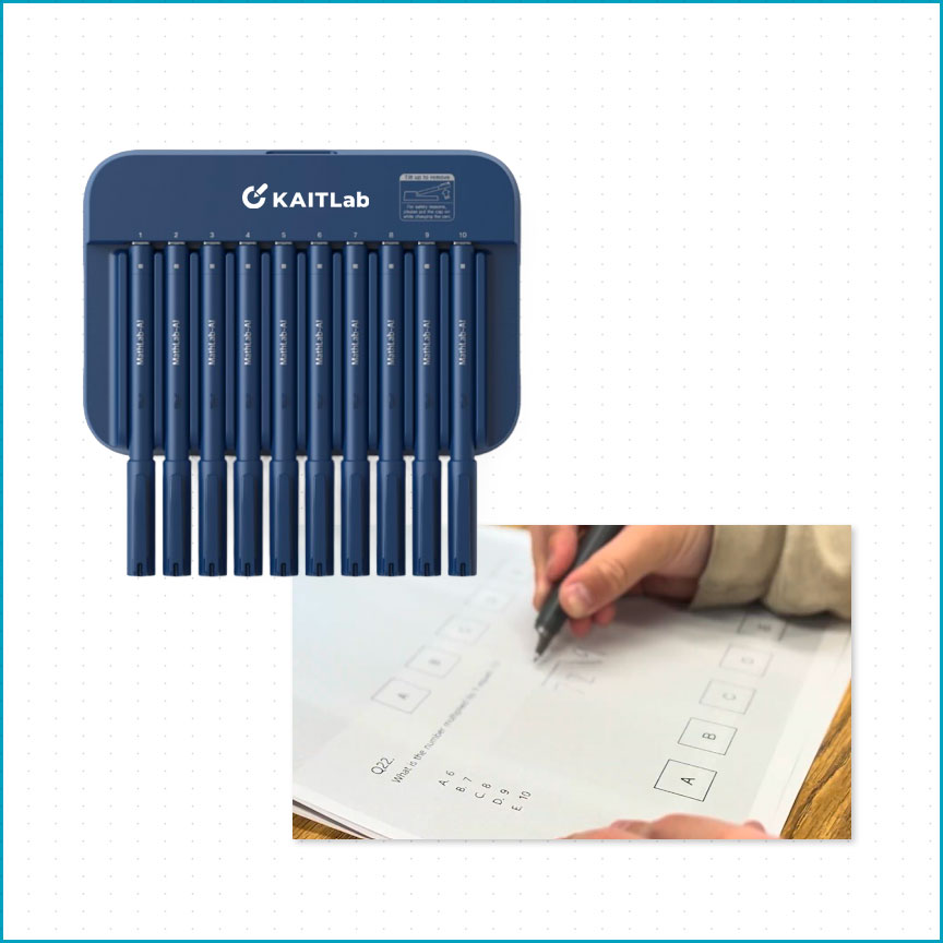 KAITLab smartpen set with a student using the smartpen on Show Your Work paper during a math assessment. KAITLab smartpen set with a student using the smartpen on Show Your Work paper during a math assessment.