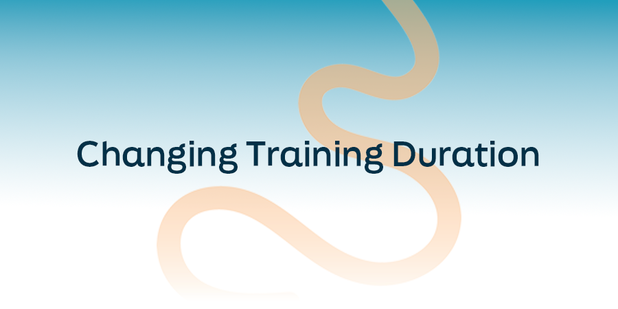 Changing Training Duration title graphic with abstract curved design on a blue gradient background.