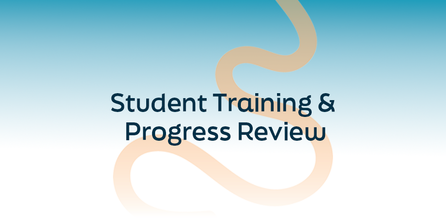 Student Training & Progress Review title graphic with abstract curved design on a blue gradient background.