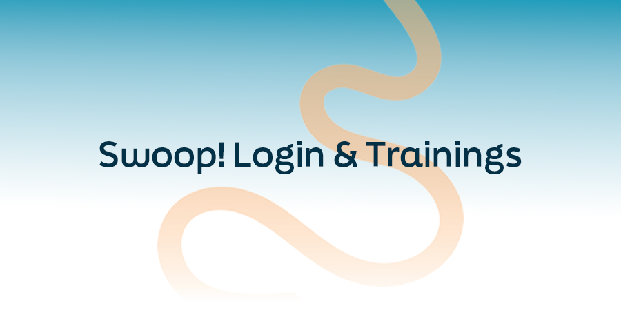 Swoop! Login & Trainings title graphic with abstract curved design on a blue gradient background.